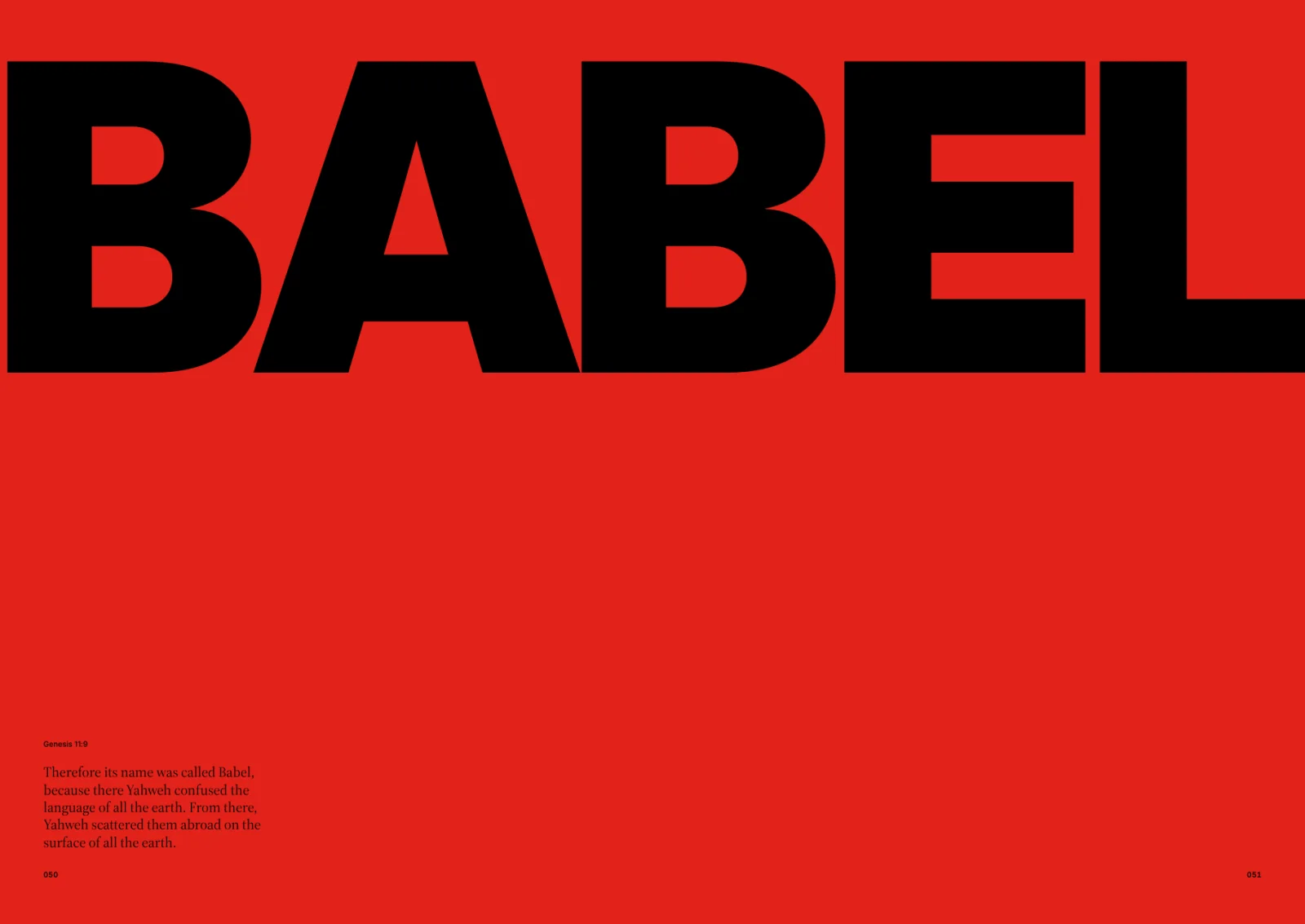 Red Genesis spread: the word BABEL in huge black capitals across the top of both pages