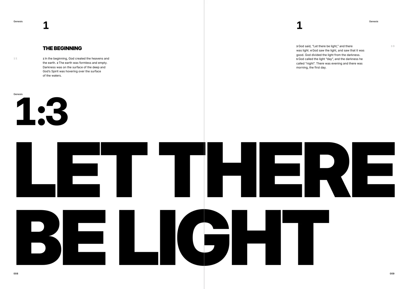 Genesis spread on white: LET THERE BE LIGHT in huge black capitals